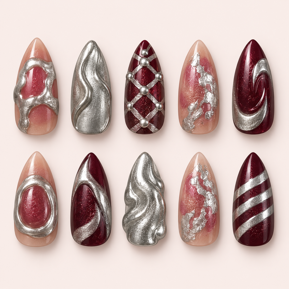 Burgundy Chrome — Handmade Press-On Nails